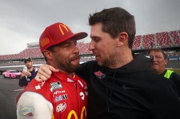 Denny Hamlin and Bubba Wallace talk after race at Talladega