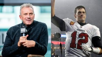 Joe Montana talks into a microphone; Tom Brady waving to the fans in New England