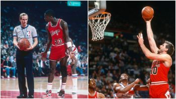 Left to Right: Bulls icon Michael Jordan argues with a referee in 1986, Dave Corzine shoots against the Washington Bullets