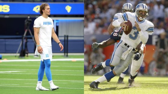 (L-R) Justin Herbert of the LA Chargers warms up before the preseason game against the LA Rams at SoFi Stadium on August 14, 2021 in Inglewood, California; Quarterback Joey Harrington of the Detroit Lions runs from defensive end Reggie Hayward of the Denver Broncos on September 28, 2003 at Invesco Field at Mile High in Denver, Colorado. The Broncos defeated the Lions 20-16.