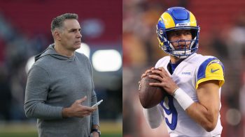 (L-R) Los Angeles Rams former quarterback Kurt Warner before the Baltimore Ravens vs Los Angeles Rams football game on November 25, 2019, at the Los Angeles Memorial Coliseum in Los Angeles, CA; Matthew Stafford of the Los Angeles Rams warms up before the game against the San Francisco 49ers at Levi's Stadium on November 15, 2021 in Santa Clara, California.