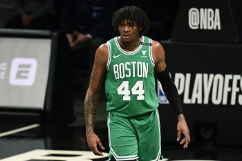 Robert Williams III of the Boston Celtics looks on against the Brooklyn Nets.