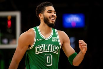 Jayson Tatum of the Boston Celtics reacts against the Los Angeles Lakers at TD Garden on November 19, 2021 in Boston, Massachusetts.