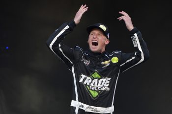 Brandon Brown, driver of the No. 68 Chevrolet, enters the stage during pre-race ceremonies at the NASCAR Xfinity Series Food City 300 at Bristol Motor Speedway on Sept. 17, 2021.