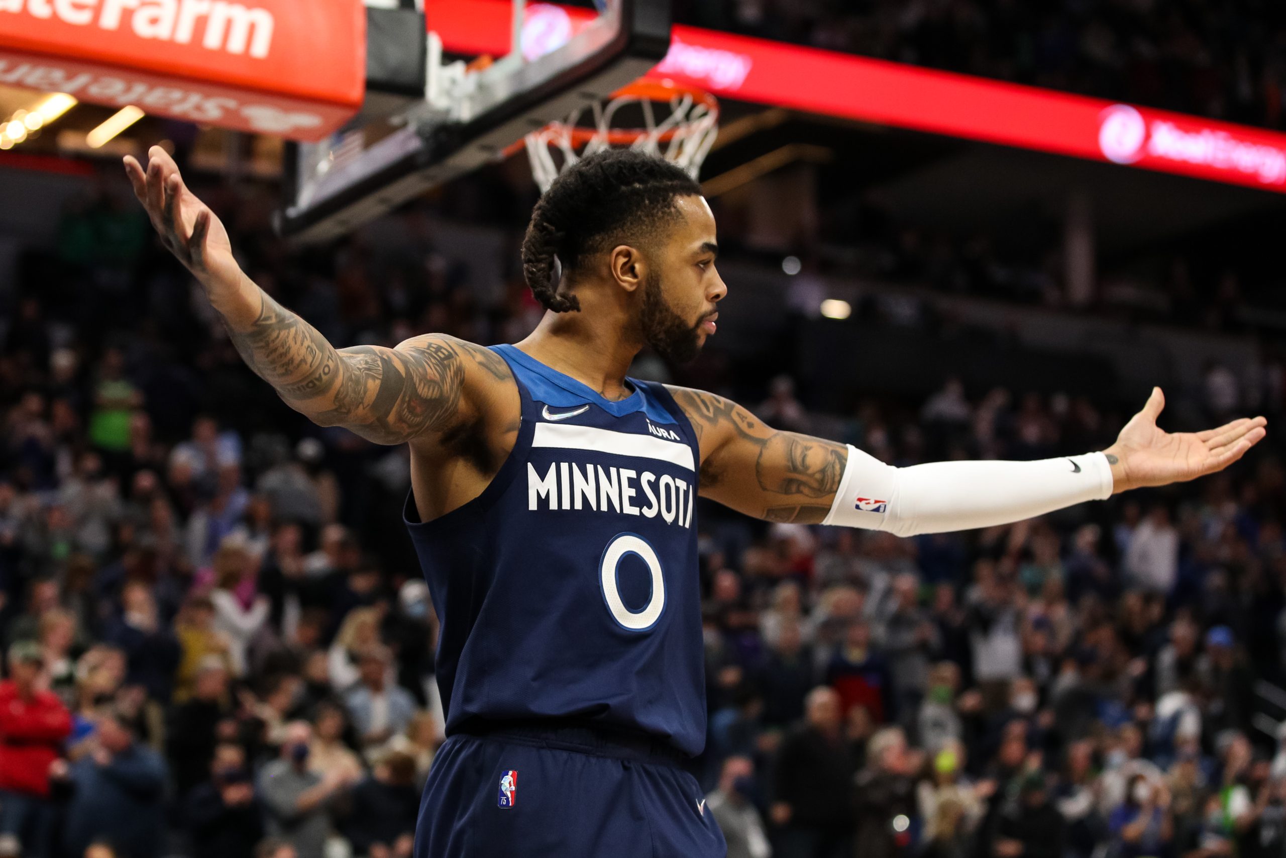 Minnesota Timberwolves guard D'Angelo Russell reacts to a foul call during a game against the Dallas Mavericks