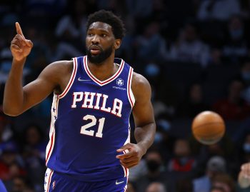 Joel Embiid of the Philadelphia 76ers reacts following a basket.