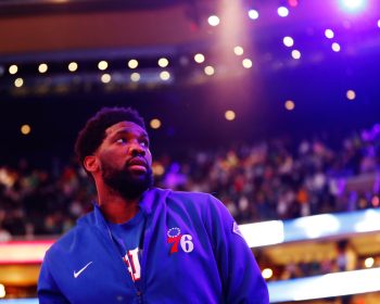 Joel Embiid of the Philadelphia 76ers looks on before the game against the Boston Celtics.