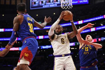 LeBron James of the Los Angeles Lakers grabs a rebound.