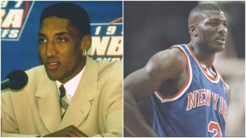 L-R: Chicago Bulls great Scottie Pippen speaks at a press conference during the 1997 NBA Playoffs; former New York Knicks forward Larry Johnson during an NBA game in November 1996