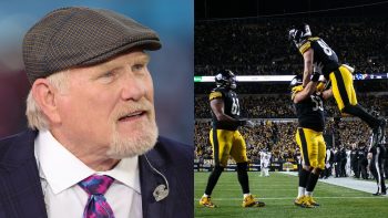 (L-R) Fox Sports host and former NFL quarterback Terry Bradshaw looks on prior to Super Bowl LIV between the San Francisco 49ers and the Kansas City Chiefs at Hard Rock Stadium on February 02, 2020 in Miami, Florida; Pittsburgh Steelers center Kendrick Green lifts Pittsburgh Steelers tight end Pat Freiermuth into the air during the game against the Baltimore Ravens and the Pittsburgh Steelers on December 05, 2021 at Heinz Field in Pittsburgh, PA.