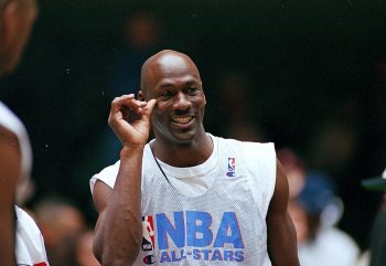 Michael Jordan smiling during All-Star Practice.