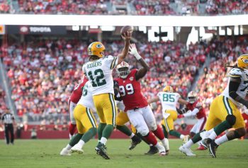 Aaron Rodgers of the Green Bay Packers passes during the game against the San Francisco 49ers.