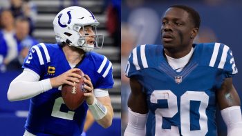 (L-R) Carson Wentz of the Indianapolis Colts looks to throw a pass in the game against the Las Vegas Raiders at Lucas Oil Stadium on January 02, 2022; Indianapolis Colts safety Darius Butler warms up on the field before the NFL game between the Indianapolis Colts and Houston Texans on December 31, 2017.