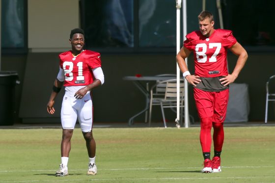 Antonio Brown (81) and Rob Gronkowski (87) of the Bucs during the Tampa Bay Buccaneers warm-up period before the start of practice.