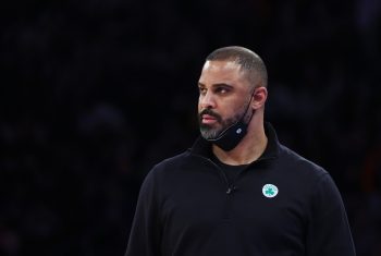 Ime Udoka, head coach of the Boston Celtics looks on against the New York Knicks.