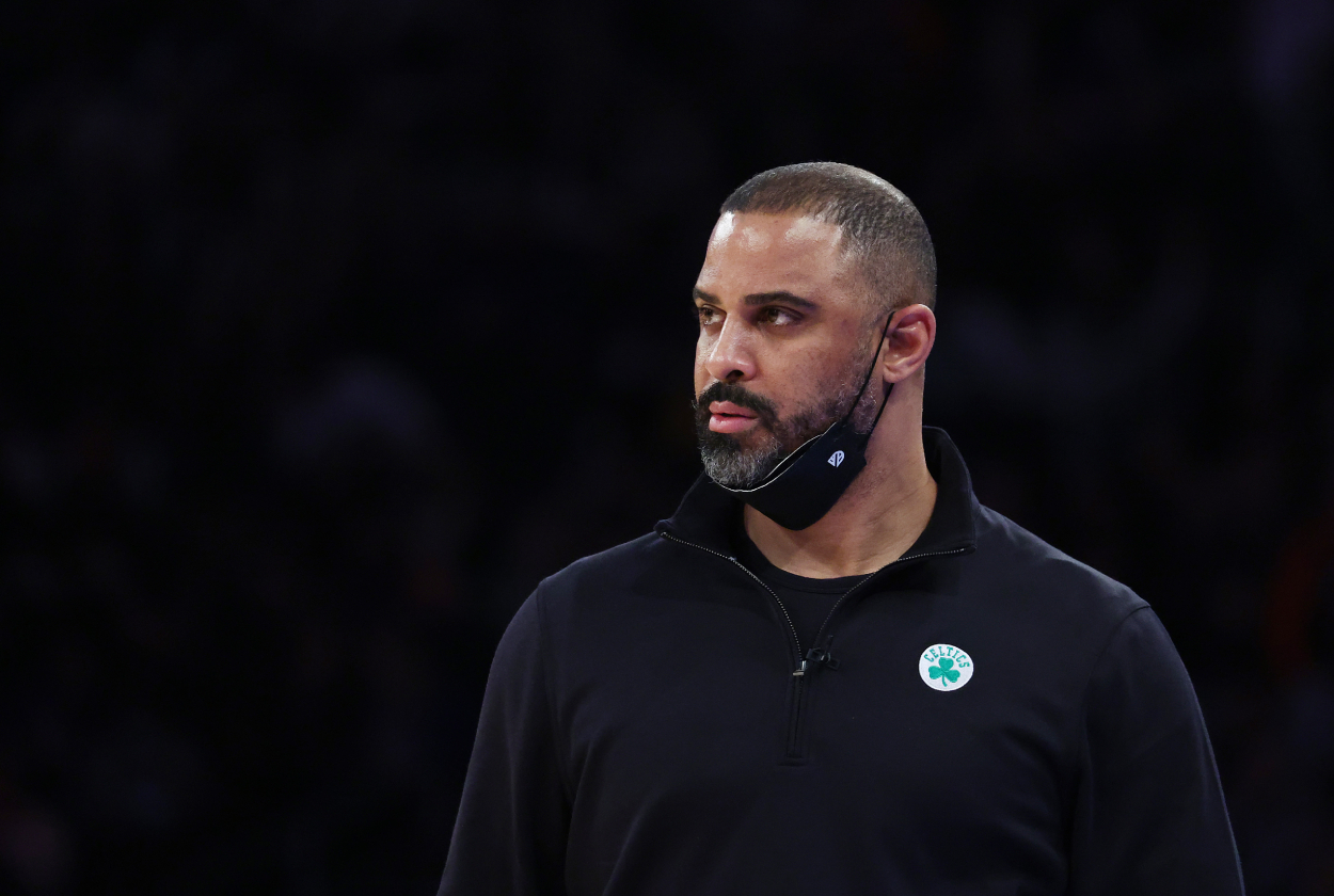 Ime Udoka, head coach of the Boston Celtics looks on against the New York Knicks.