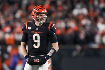 Cincinnati Bengals quarterback Joe Burrow reacts during the Wild Card game against the Las Vegas Raiders and the Cincinnati Bengals on January 15, 2022. He and coach Zac Taylor say they didn't hear the controversial whistle during the game.
