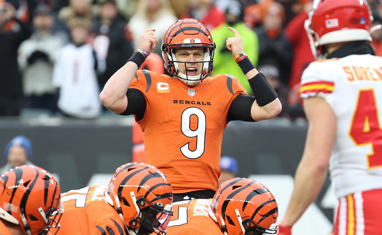 KANSAS CITY, MO - JANUARY 30: Cincinnati Bengals quarterbacks Joe Burrow  (9) and Brandon Allen (8) walk out of the tunnel before the AFC  Championship game between the Cincinnati Bengals and Kansas