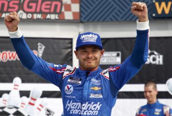 Kyle Larson celebrates after winning the NASCAR Cup Series Go Bowling at The Glen at Watkins Glen International on Aug. 8, 2021.