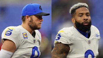 (L-R) Matthew Stafford of the Los Angeles Rams leaves the field after defeating the Baltimore Ravens 20-19 at M&T Bank Stadium on January 02, 2022 in Baltimore, Maryland; Wide receiver Odell Beckham Jr. of the Los Angeles Rams runs off of the field after defeating the Baltimore Ravens at M&T Bank Stadium on January 02, 2022 in Baltimore, Maryland.