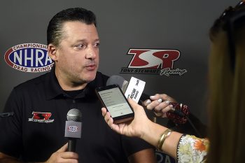 Tony Stewart answers questions after the press conference held at the zMAX Dragway on Oct. 14, 2021, in Concord, North Carolina.