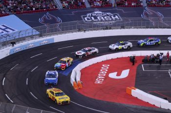 Joey Logano leads the pack on the quarter-mile track during the Busch Light Clash in Los Angeles on Feb. 6, 2022.