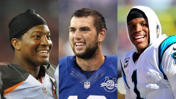 QBs drafted between Matthew Stafford and Joe Burrow include (L-R) Jameis Winston by the Tampa Bay Buccaneers, Andrew Luck by the Indianapolis Colts, and Cam Newton by the Carolina Panthers.