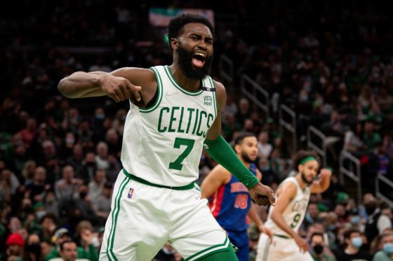 Jaylen Brown of the Boston Celtics reacts during the second half of a game against the Detroit Pistons at TD Garden on February 16, 2022.