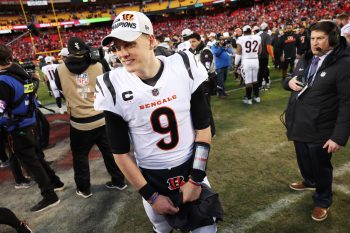 Quarterback Joe Burrow of the Cincinnati Bengals celebrates the Bengals overtime win against the Kansas City Chiefs.