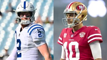 After the Carson Wentz trade to the Washington Commanders, the Indianapolis Colts may be targeting San Francisco 49ers QB Jimmy Garoppolo (R) to replace Wentz (L).