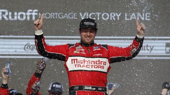 Chase Briscoe celebrates in Victory Lane after winning the Ruoff Mortgage 500 at Phoenix Raceway on March 13, 2022.