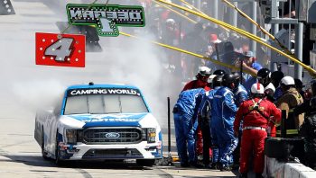 Hailie Deegan, driver of the No. 1 Ford, pits after an incident during the NASCAR Camping World Truck Series Fr8 208 at Atlanta Motor Speedway on March 19, 2022.