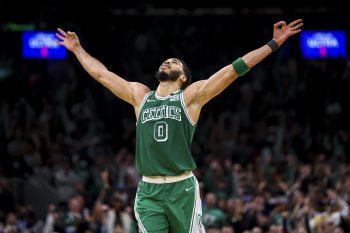 Jayson Tatum reacts against the Nets.