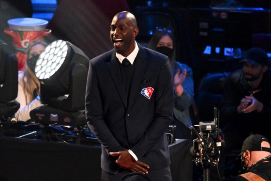 Kevin Garnett reacts after being introduced as part of the NBA 75 anniversary team.