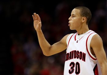 Stephen Curry of the Davidson Wildcats reacts to his team's 72-67 victory over the North Carolina State Wolfpack.