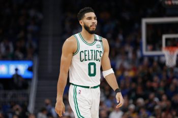 Jayson Tatum of the Boston Celtics looks on in the fourth quarter against the Golden State Warriors.