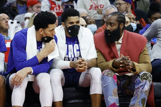 Tobias Harris speaks to new teammate James Harden.