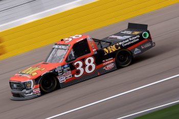 Zane Smith, driver of the No. 38 Ford, during a practice for the NASCAR Camping World Truck Series Victoria's Voice Foundation 200 at Las Vegas Motor Speedway on March 4, 2022.