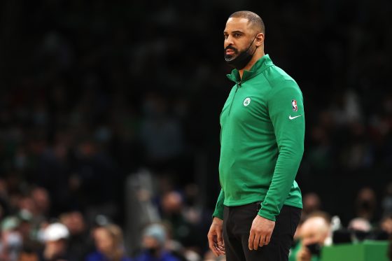 Head coach Ime Udoka of the Boston Celtics looks on during the first quarter of the game against the Memphis Grizzlies.