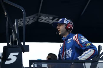 Kyle Larson's crew chief Cliff Daniels looks on during race