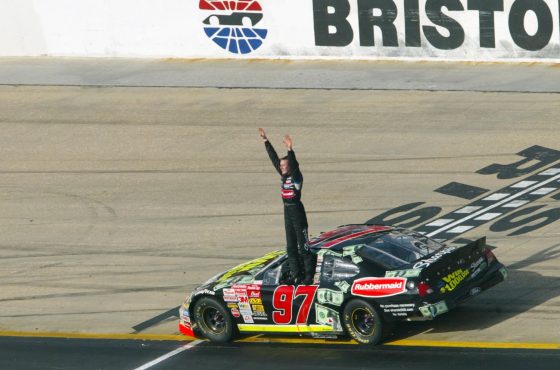 Kurt Busch celebrates his first Cup Series victory after the Food City 500 at Bristol Motor Speedway on March 24, 2002.