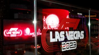 A decal of the Formula 1 Las Vegas Race 2023 is shown with digital signs on the Las Vegas Strip displaying the race logo during the announcement on March 30, 2022.