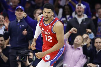 Tobias Harris celebrates against the Raptors.