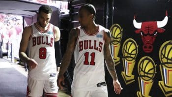 Chicago Bulls guard Zach LaVine and forward DeMar DeRozan head to the locker room after playing the Milwaukee Bucks