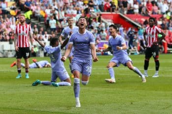 Jack Harrison of Leeds celebrates scoring his side's second goal during the Premier League match between Brentford and Leeds United. Former MLS player and coach Jesse Marsch manages Leeds.