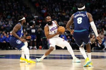 James Harden dribbles against the Timberwolves.