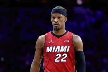 Jimmy Butler of the Miami Heat looks on during the second half against the Philadelphia 76ers.