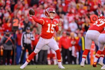 Patrick Mahomes throws a pass during a Kansas City Chiefs game.