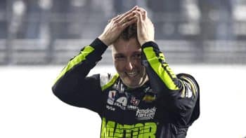 William Byron reacts after winning the NASCAR Cup Series Blue-Emu Maximum Pain Relief 400 at Martinsville Speedway on April 9, 2022.