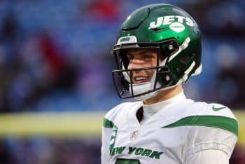 Zach Wilson of the New York Jets looks on during pregame warm-ups prior to a game against the Buffalo Bills in 2022.